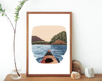 Impresión artística de kayak: pintura en acuarela de canoa, arte mural de viaje