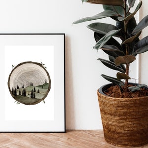 Circle Wood Slice Watercolor Painting Art Print Tree Ring Art Tree Stump Wood Slice Wall Art Trees And Hills Painting Tree Slice Artwork image 3