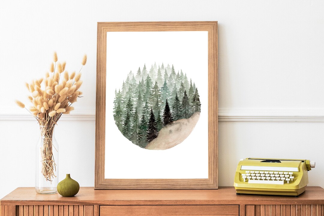 Watercolor Pine Tree Forest Circle Painting Art Print- Scandinavian ...