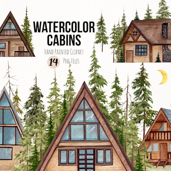 Watercolor Cabins Hand Painted Clipart- Woodland Clipart- Pine Trees Clipart- Tiny Houses- Rustic Cabins- Cottage  Clipart- Cabin Png