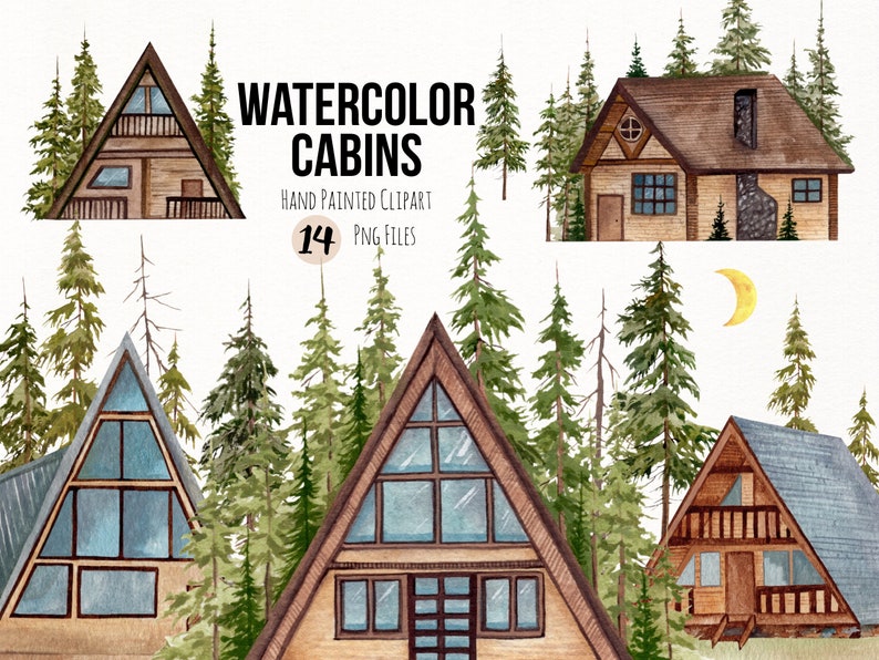 Puede incluir: Ilustraci&oacute;n en acuarela de caba&ntilde;as y &aacute;rboles de hoja perenne. La imagen incluye varias caba&ntilde;as en forma de A y una casa tradicional, todas con tejados y paredes marrones. El texto "WATERCOLOR CABINS" se muestra encima de las caba&ntilde;as, junto con "HAND PAINTED CLIPART" y "14 PNG FILES."