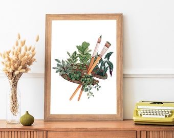 Artists Paint Palette With Houseplants Gouache Illustration- Botanical Artist Palette Painting- Plant Lovers Art Print- Painting Greenery