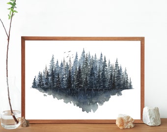 Pine Forest Watercolor Landscape Painting Fine Art Print- Blue Abstract Tree Line Wall Art- Pine Tree Line Art Print