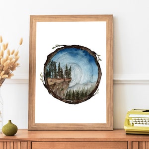 Circle Tree Slice Watercolor Painting- Wood Slice Art Print- Tree Rings Scenery Painting -Landscape Scenery- Tree Lino-cut Wall Art- Rustic
