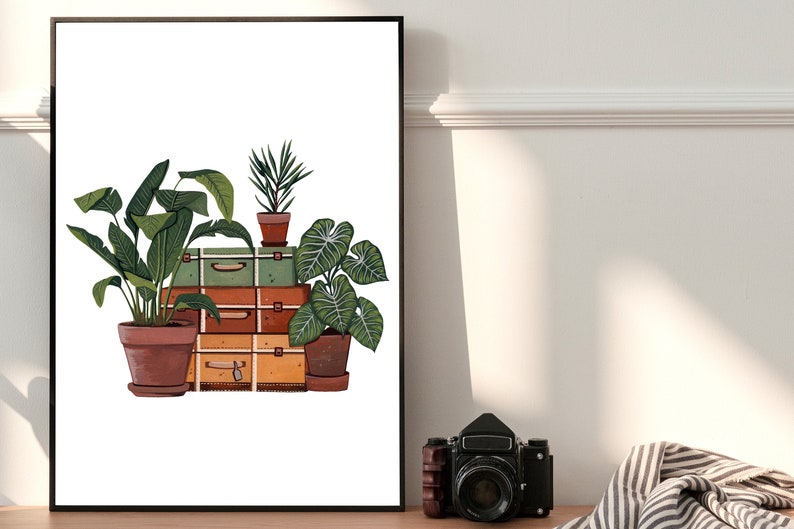 Houseplant Art Print: Vintage Suitcase, Retro Plant Illustration image 8
