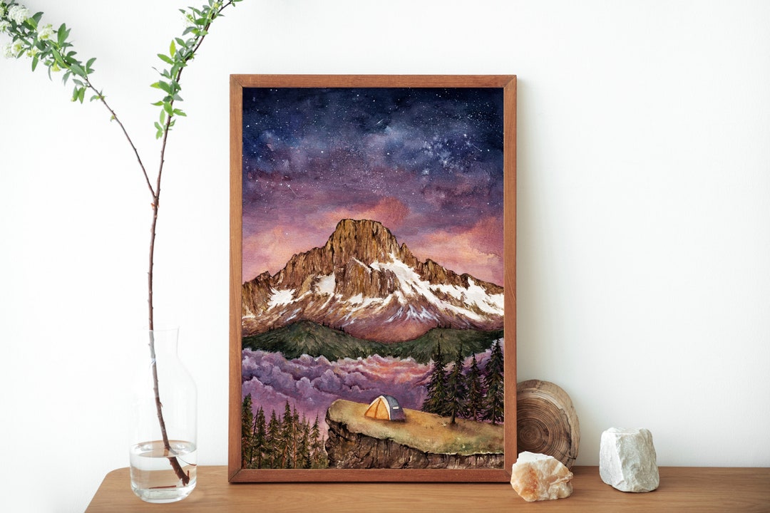 Watercolor Camping Art Print: Mountainside Landscape Illustration - Etsy