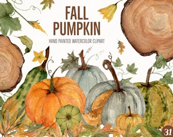 May include: Watercolor clipart featuring pumpkins, gourds, leaves, and wood slices in shades of green, orange, brown, and blue. The text "FALL PUMPKIN" is written in brown letters. Hand painted watercolor clipart.