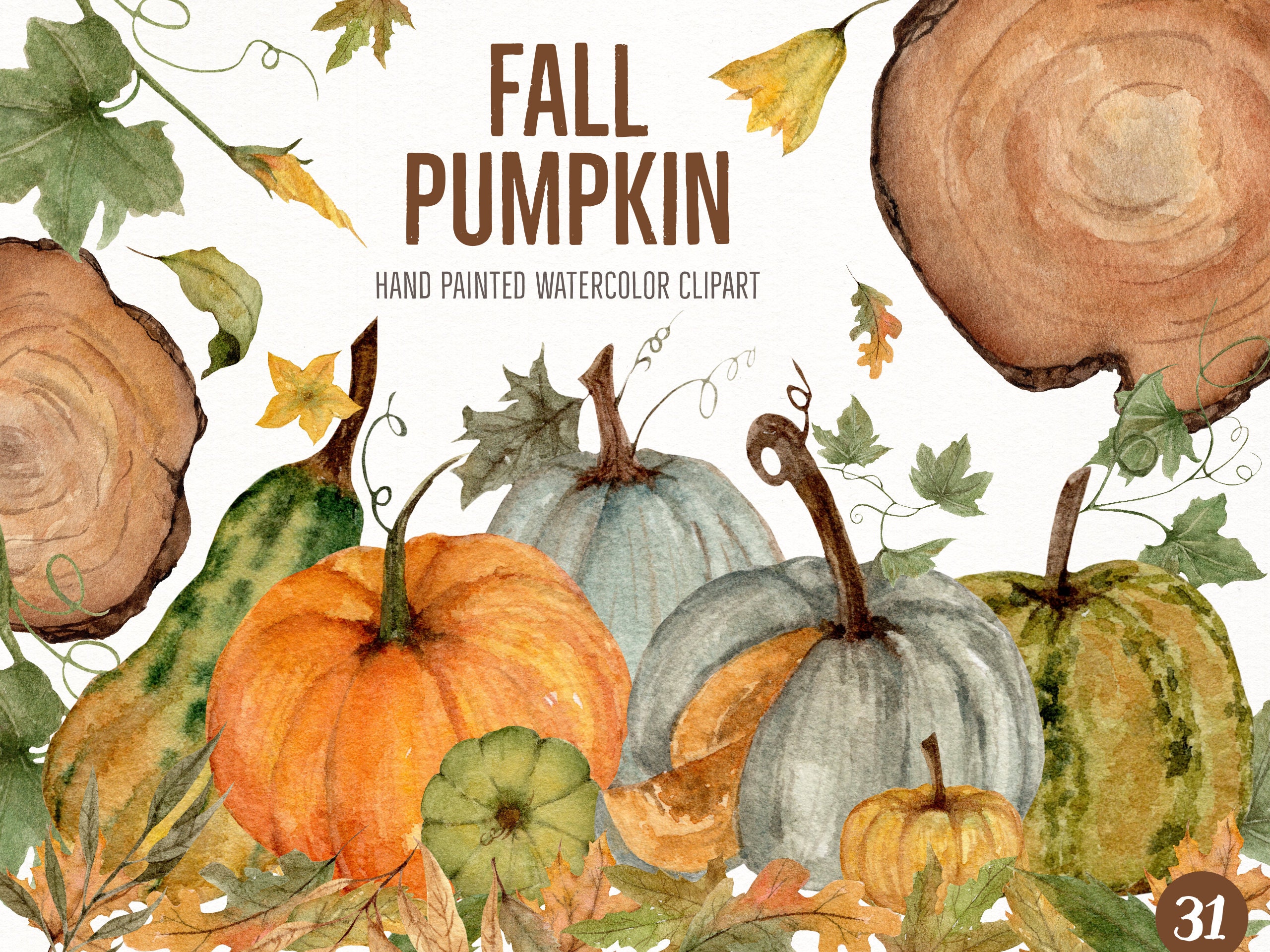 Watercolor Pumpkin Clipart: Rustic Autumn Harvest (digital Download) - Etsy