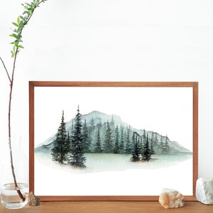 Green Pine Tree Mountain Landscape Painting- Original Watercolor Tree Line Art Print- Watercolor Forest Living Room Wall Art- Minimal Design
