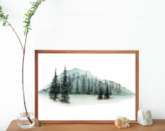 Green Pine Tree Mountain Landscape Painting- Original Watercolor Tree Line Art Print- Watercolor Forest Living Room Wall Art- Minimal Design