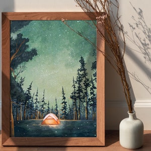 Camping At Night Painting Printable Art Yellow Glowing Tent Illustration Starry Sky FireFly Painting Wilderness Outdoorsy Wall Art image 5