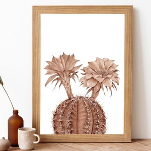 Kaktus Kunstdruck- Braunes Aquarell Monochromatischer Kaktus Wandkunst- Botanischer Kaktus Poster- Kakteen Kunstdruck- Blühender Kaktus Kunst