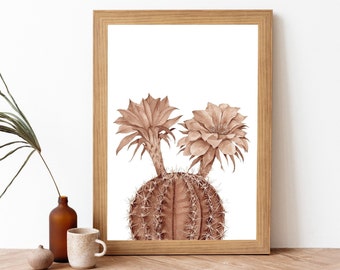 Cactus Painting Art Print- Brown Watercolor Monochromatic Cactus Wall Art- Botanical Cactus Poster- Cacti Art Print- Flowering Cactus Art