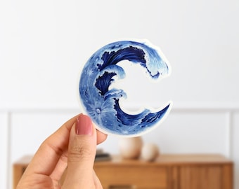 Clear Wave Moon Glossy Die Cut Vinyl Sticker- Ocean Wave Crescent Moon Laptop Sticker- Blue Wave Moon Water Bottle Thermos Sticker