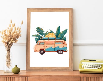 Surfer Van  Art Print – Retro Beach Camper, Coastal Wall Art