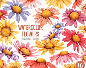 May include: Watercolor clipart of 16 hand-painted flowers in various colors, including yellow, orange, pink, red, and purple. The flowers are arranged in a random pattern on a white background. The text "WATERCOLOR FLOWERS" and "HAND PAINTED CLIPART" is displayed in the center of the image.