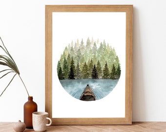 Impresión artística de kayak: pintura en acuarela de la naturaleza, temática al aire libre