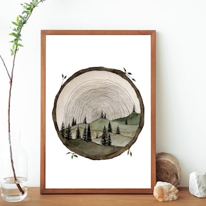 Circle Wood Slice Watercolor Painting Art Print- Tree Ring Art- Tree Stump Wood Slice Wall Art- Trees And Hills Painting- Tree Slice Artwork