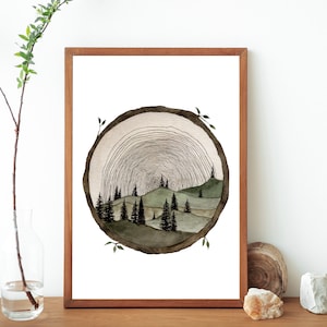 Circle Wood Slice Watercolor Painting Art Print Tree Ring Art Tree Stump Wood Slice Wall Art Trees And Hills Painting Tree Slice Artwork image 1