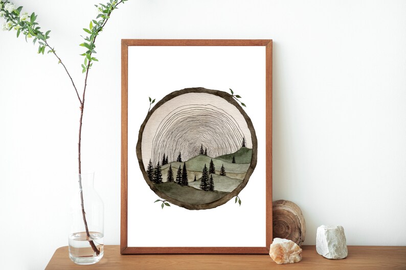 Circle Wood Slice Watercolor Painting Art Print Tree Ring Art Tree Stump Wood Slice Wall Art Trees And Hills Painting Tree Slice Artwork image 1