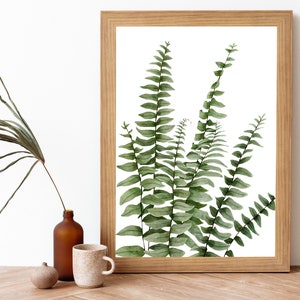 Watercolor Fern Botanical Printable Art- Boston Fern Leaves Hand Painted Watercolor Print- Fern Plant Wall Art- Green Leaves Printable