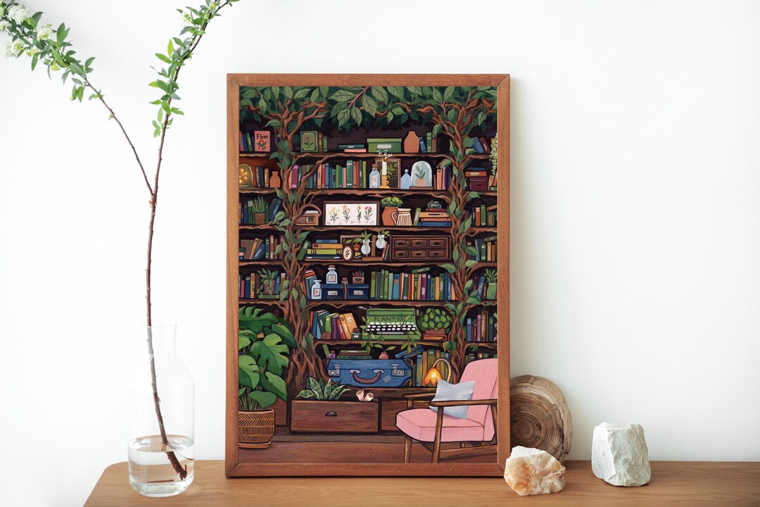 Bookshelf Reading Room Art Print Whimsical Bookish Poster Gift for Book ...