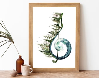 Music Note Treble Clef Watercolor Painting Art Print- Musical Note Artwork Gift For Musicians- Treble Clef Wall Art- Music Note Art Poster