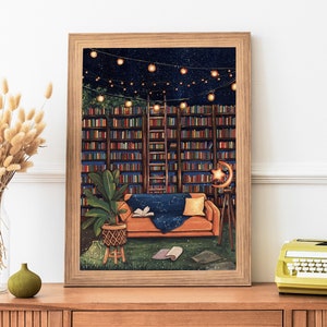 Bookshelf Library Room Gouache Painting Art Print- Cozy Office Book Illustration Wall Art- Living Room Aesthetic Artwork