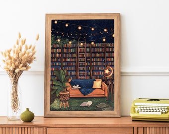 Bookshelf Library Room Gouache Painting Art Print- Cozy Office Book Illustration Wall Art- Living Room Aesthetic Artwork