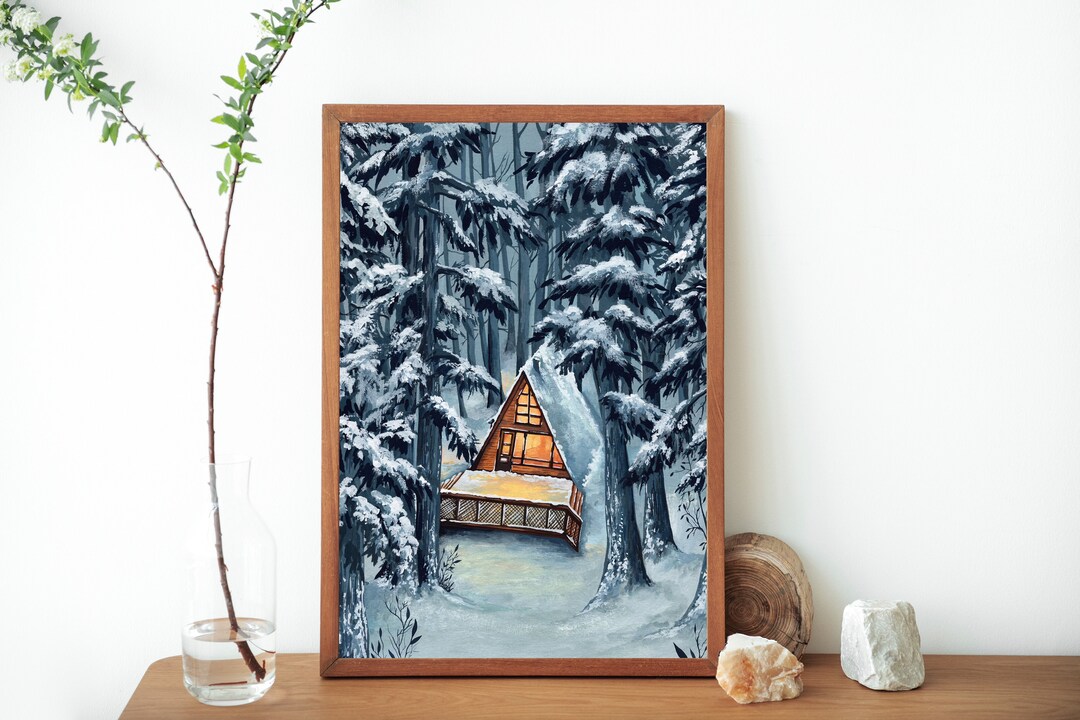 Winter Cabin Watercolor Art Print: Snowy Woodland Landscape - Etsy