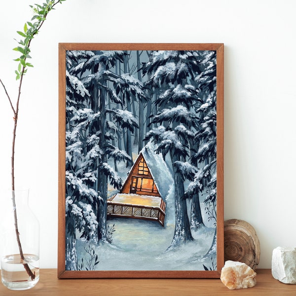 Snowy Winter Cabin Art Print - Woodland Cabin Snowy Landscape Poster Print-Winter Cabin Illustration - Snowy Trees Cozy Cabin Wall Art