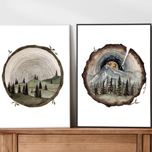 Circle Wood Slice Watercolor Painting Art Print Tree Ring Art Tree Stump Wood Slice Wall Art Trees And Hills Painting Tree Slice Artwork image 2