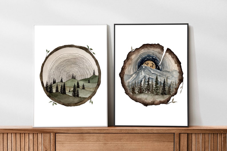 Circle Wood Slice Watercolor Painting Art Print Tree Ring Art Tree Stump Wood Slice Wall Art Trees And Hills Painting Tree Slice Artwork image 2