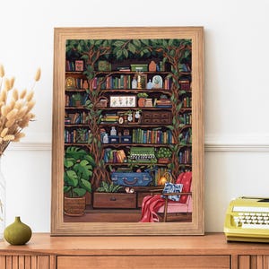 Bookshelf Reading Room Art Print- Whimsical Bookish Poster- Gift For Book Lovers- Literature Art- Bibliophiles Gift- Book Art Print