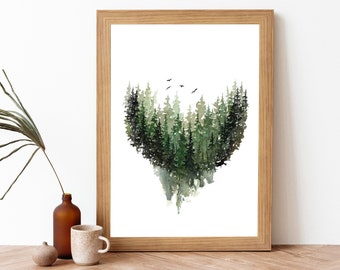 May include: Watercolor painting of a forest with green trees in a heart shape with birds flying above. The painting is framed in a light wood frame.