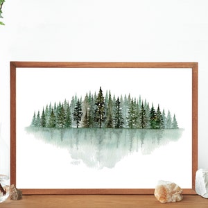 Alberi di pino verde originale acquerello albero linea pittura paesaggio stampa- acquerello pineta soggiorno parete art- design minimale natura