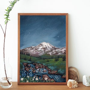 Mont Rainier National Park Gouache Peinture Art Print-Washington Voyage Affiche-Parcs Nationaux Nature Wall Art-Mt Rainier Illustration