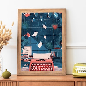 Könnte beinhalten: Eine gerahmte Illustration eines Raumes mit einer Schreibmaschine, Büchern und Pflanzen. Der Raum ist mit einer blauen und weißen gekachelten Wand dekoriert und der Text "When words meet fire" ist auf einer weißen Tafel geschrieben. Die Illustration ist von einem Holzrahmen umgeben.