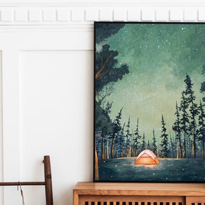 Camping At Night Painting Printable Art Yellow Glowing Tent Illustration Starry Sky FireFly Painting Wilderness Outdoorsy Wall Art image 9