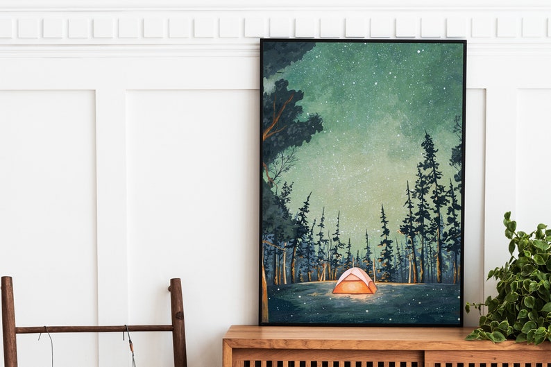 Camping At Night Painting Printable Art Yellow Glowing Tent Illustration Starry Sky FireFly Painting Wilderness Outdoorsy Wall Art image 9
