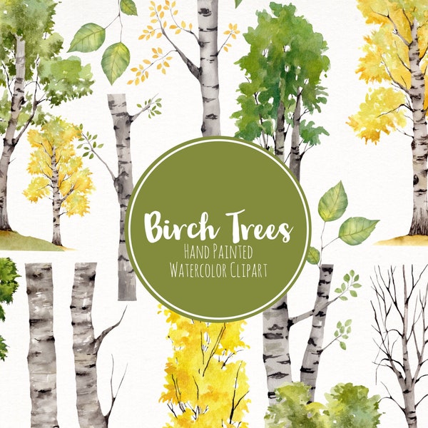 Watercolor Birch Tree Clipart- Aspen Tree Clipart- Birch Trees- Branches Clipart- Greenery Clipart- Watercolor Illustration- Tree Graphics