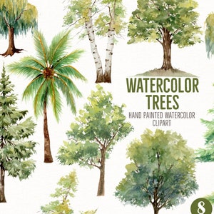 Clipart di alberi misti ad acquerello - Clipart di alberi dipinti a mano - Clipart di vegetazione - Grafica di alberi - Pino - Palma - Salice - Quercia