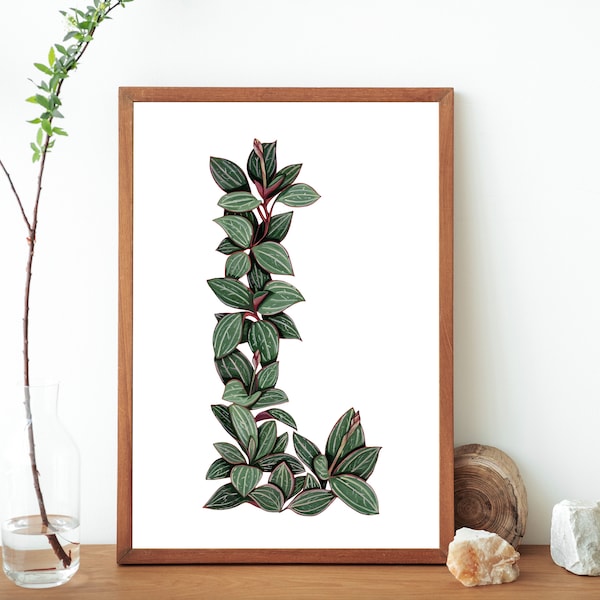 Botanical Letter L Alphabet Print- Ludisia Discolor Painting- Letter L Jewel Orchid Typography Print- Alphabet Monogram Botanical Wall Art