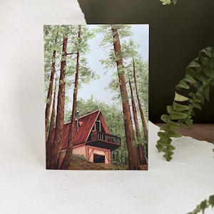 Blank Wilderness Greeting Card- Redwood Cabin Greeting Card- Mini Art Cards- Blank Notecards- Nature Lover Greeting Card