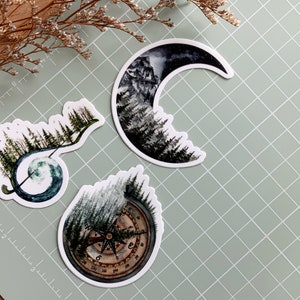 Nature Sticker Pack 3 Matte Vinyl Stickers Treble Clef Sticker Compass Sticker Moon Sticker Tree Sticker Wanderlust Stickers image 2