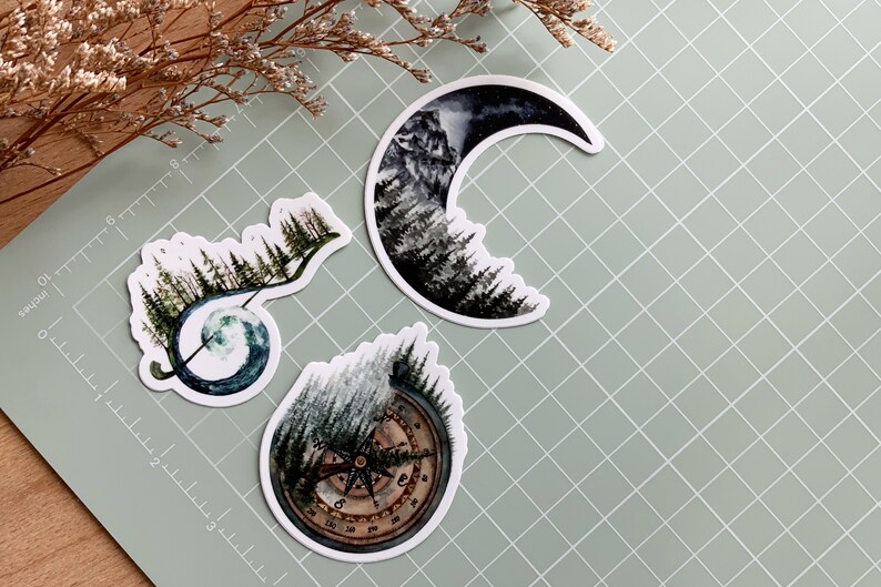 Nature Sticker Pack 3 Matte Vinyl Stickers Treble Clef Sticker Compass Sticker Moon Sticker Tree Sticker Wanderlust Stickers image 2