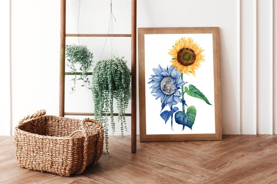 Watercolor Sunflower Moon Painting Art Print Botanical - Etsy 日本