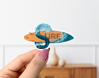 Retro Surfing Glossy Vinyl Sticker- Diecut Surfboard Sticker- Beach Surf Laptop Sticker- Beach Wave Surfing Water Bottle Sticker