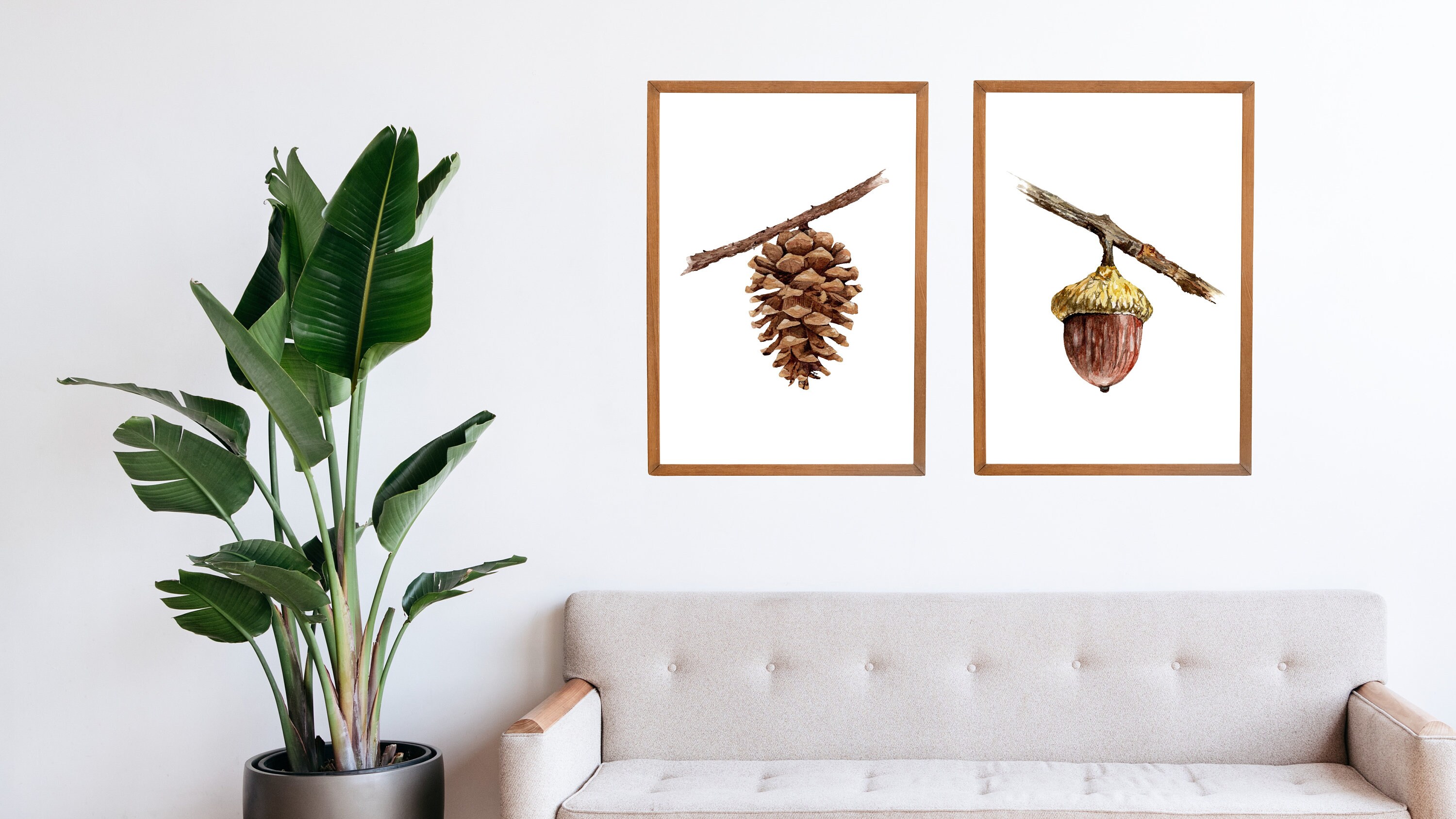 水彩画「どんぐりの絵画：植物の自然」アートプリント（デジタル