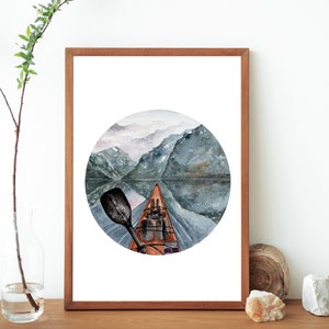 Kayaking Watercolor Painting Art Print: Mountain Lake Scene